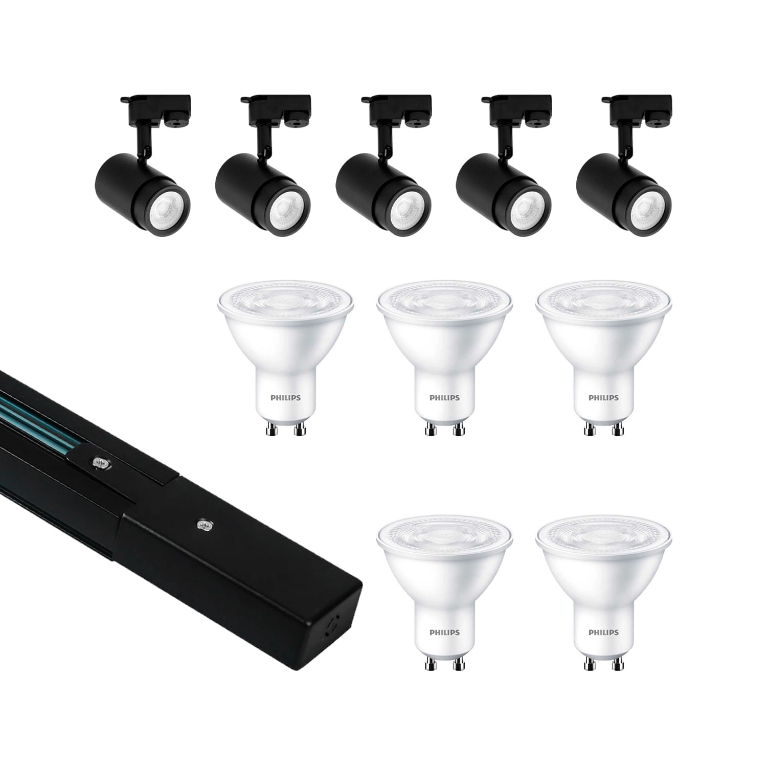 KIT RIEL MONOFÁSICO LED STUDIO 2 METROS + 5 FOCOS RIEL FAIDHE 5W LUZ CÁLIDA (2700K) NEGRO