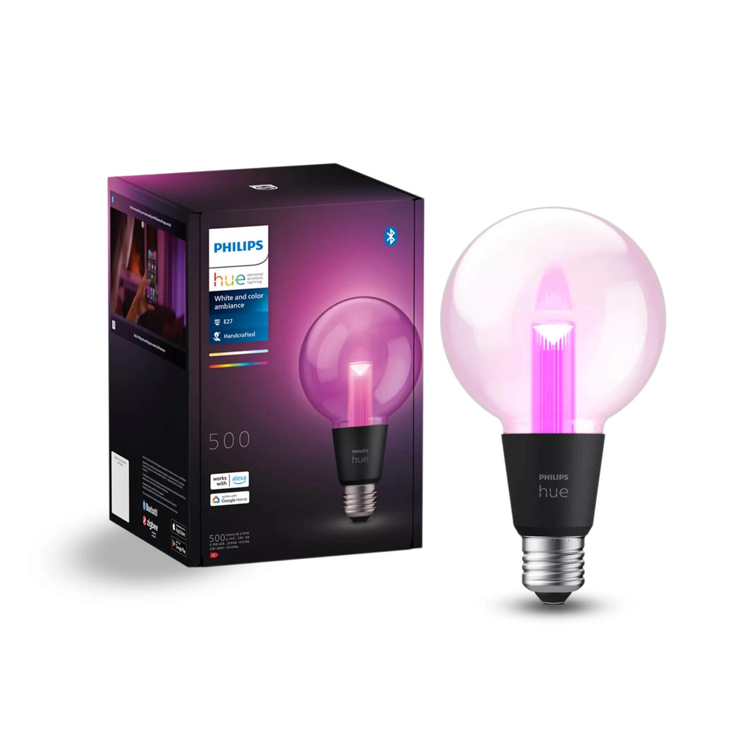 AMPOLLETA INTELIGENTE E27 PHILIPS HUE GLOBO G95 6.8W LUZ RGB Y CÁLIDA (2000K) A FRÍA (6000K) NEGRO TRANSPARENTE (929003151101)