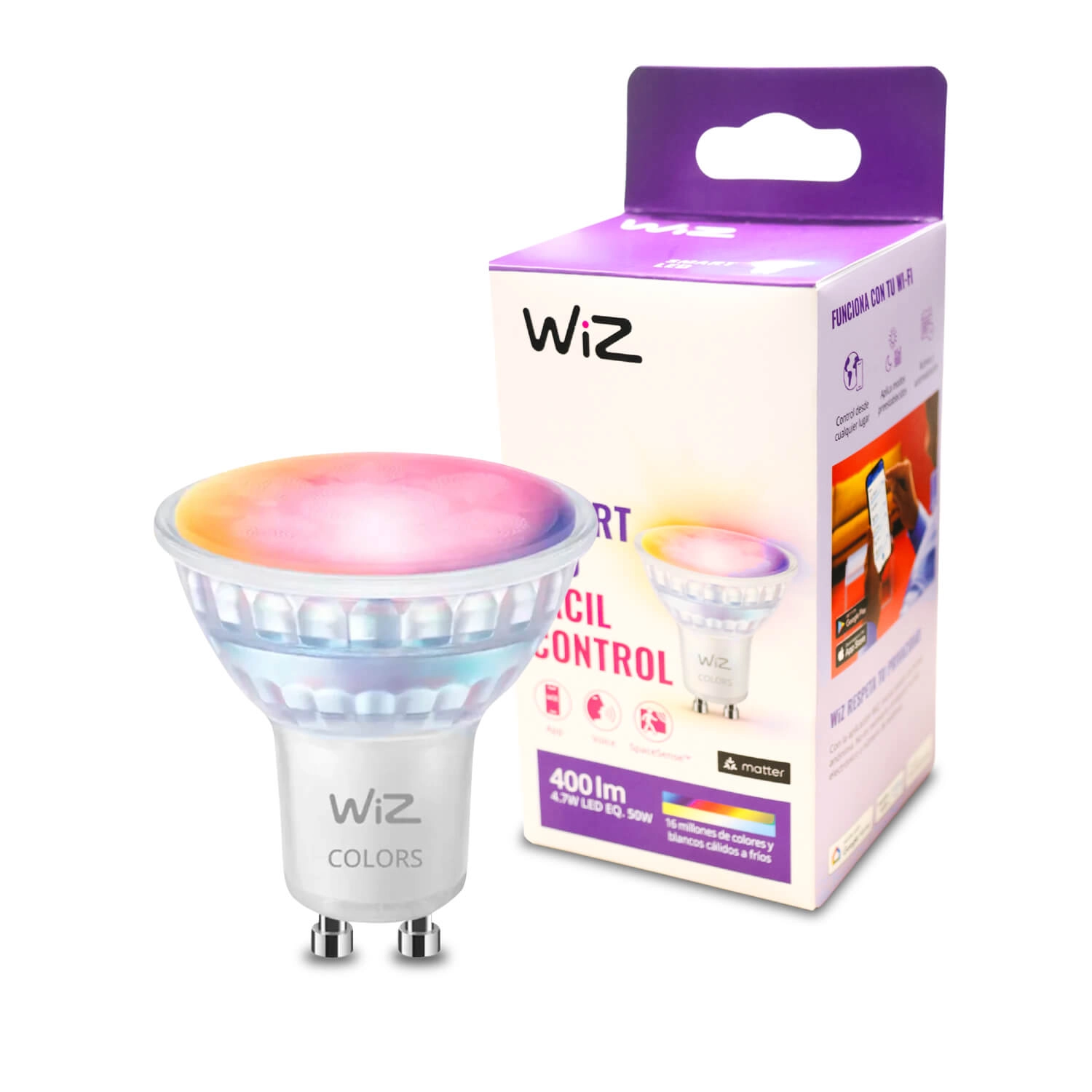 AMPOLLETA GU10 WIZ INTELIGENTE 4.7W LUZ CÁLIDA A FRÍA Y RGB 4.9W LUZ RGB Y CÁLIDA (2000K) A FRÍA (6000K) BLANCA (929003772312)