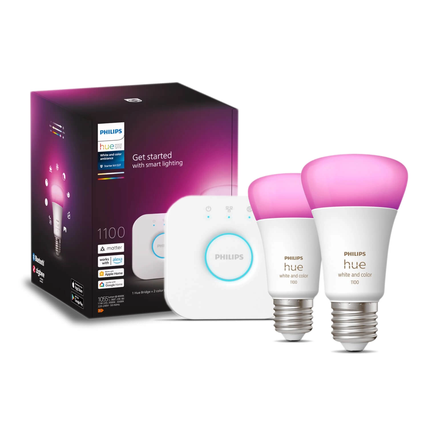 KIT 2 AMPOLLETAS INTELIGENTES E27 PHILIPS HUE 9W LUZ RGB Y CÁLIDA (2000K) A FRÍA (6000K) + BRIGDE BLANCO (929002468810)